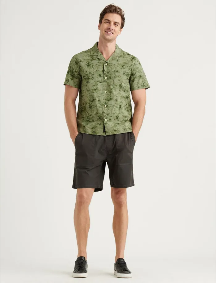 ButtonDowns Men Lucky Brand Club Collar Short Sleeve Shirt Olive Print