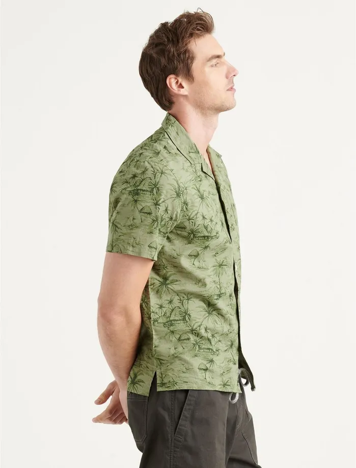 ButtonDowns Men Lucky Brand Club Collar Short Sleeve Shirt Olive Print