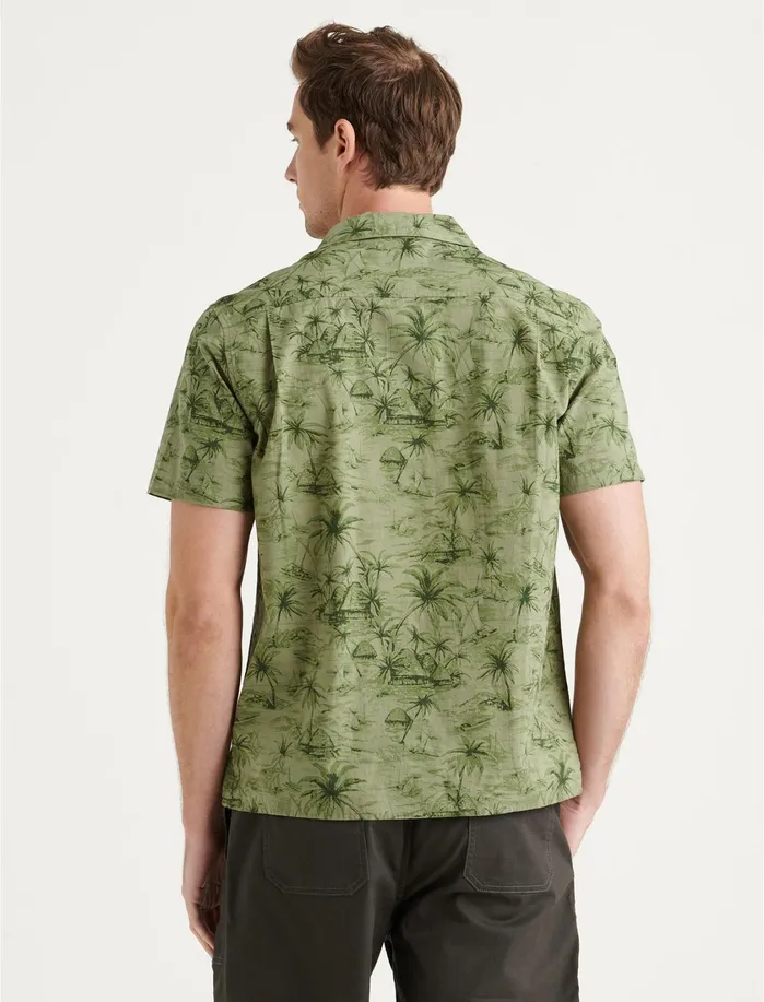 ButtonDowns Men Lucky Brand Club Collar Short Sleeve Shirt Olive Print