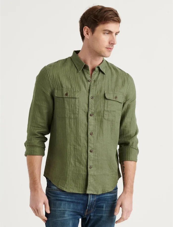 ButtonDowns Men Lucky Brand Linen Humboldt Workwear Shirt Olive