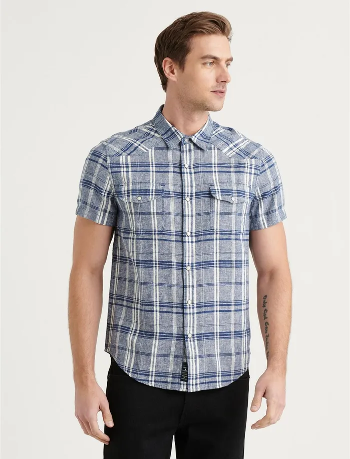 ButtonDowns Men Lucky Brand Santa Fe Western Short Sleeve Shirt Blue Plaid