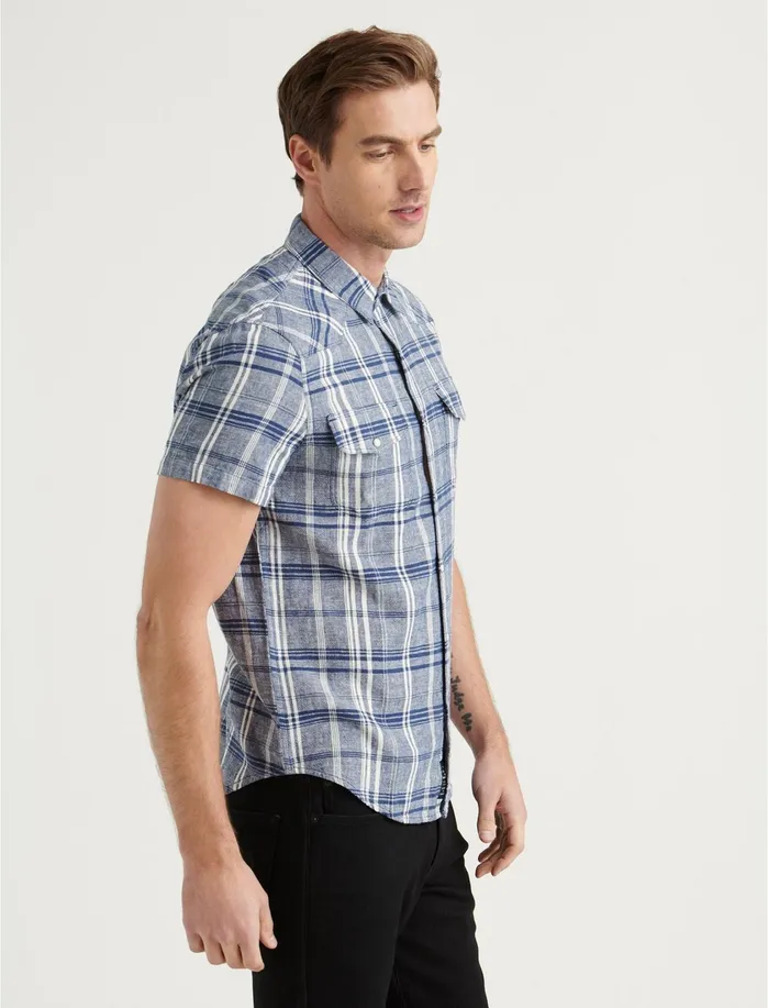 ButtonDowns Men Lucky Brand Santa Fe Western Short Sleeve Shirt Blue Plaid