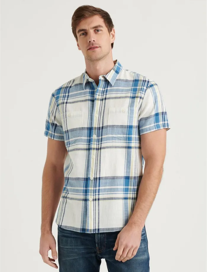 ButtonDowns Men Lucky Brand Short Sleeve Jaybird Shirt Blue Plaid