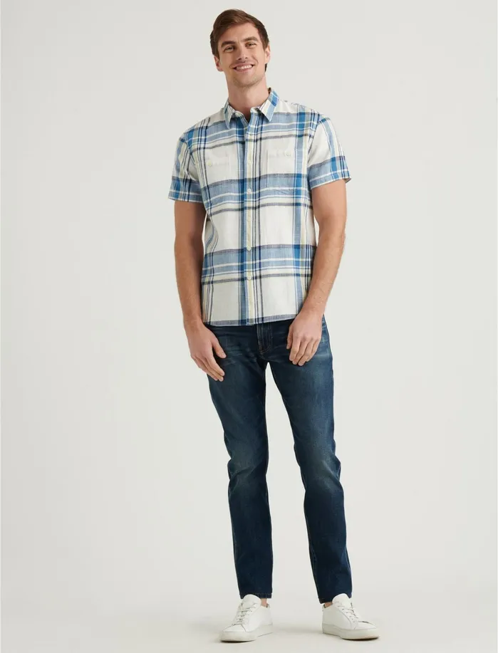ButtonDowns Men Lucky Brand Short Sleeve Jaybird Shirt Blue Plaid