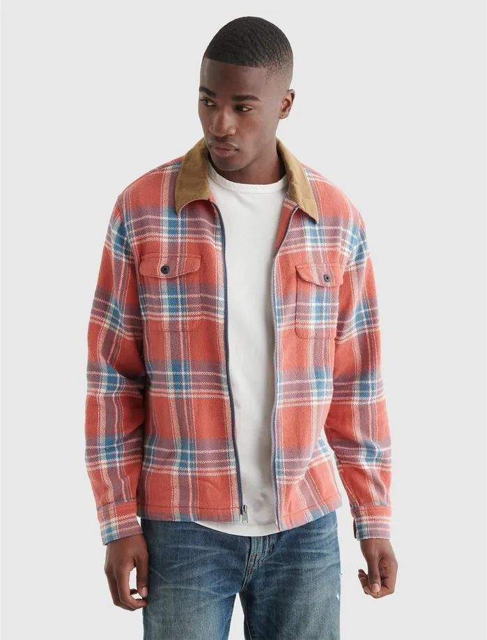 ButtonDowns Men Lucky Brand Zip Front Shirt Red Plaid
