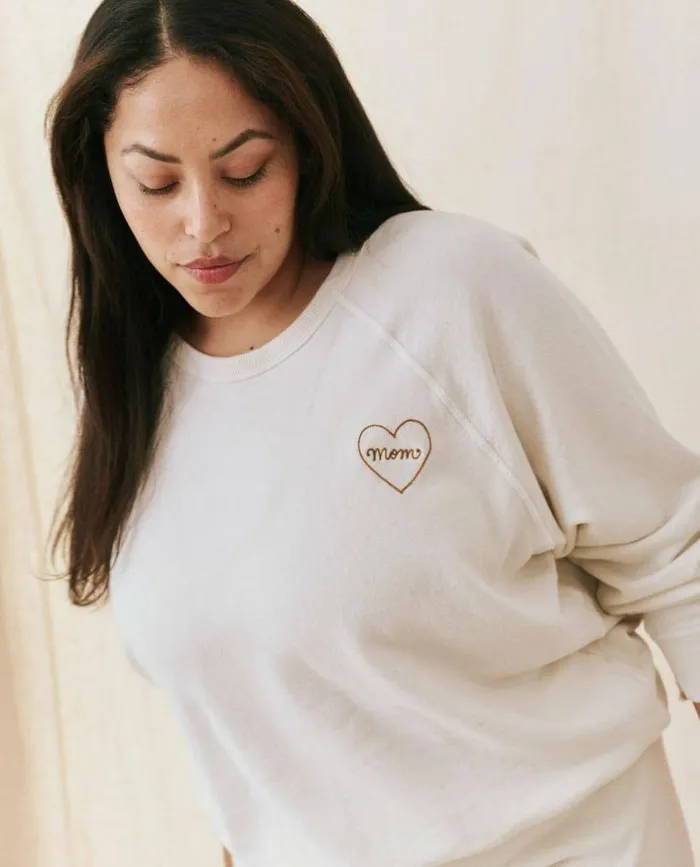 CollectionTees and Sweats The Great The Mom Embroidered College Sweatshirt Washed White With Spice