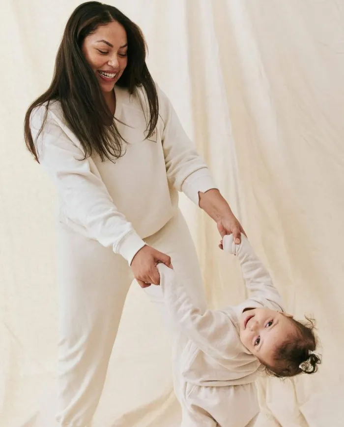 CollectionTees and Sweats The Great The Mom Embroidered College Sweatshirt Washed White With Spice