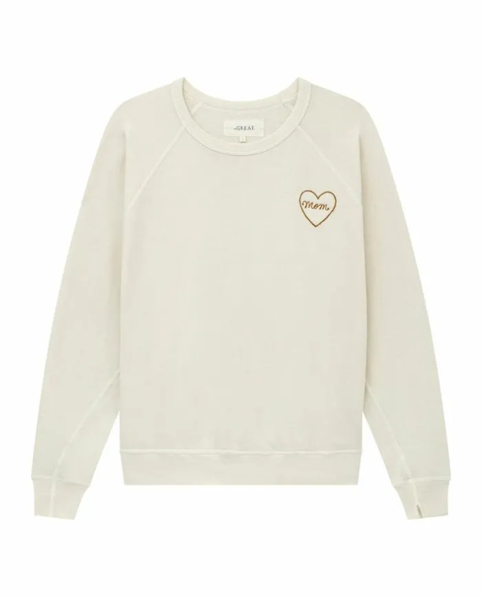 CollectionTees and Sweats The Great The Mom Embroidered College Sweatshirt Washed White With Spice