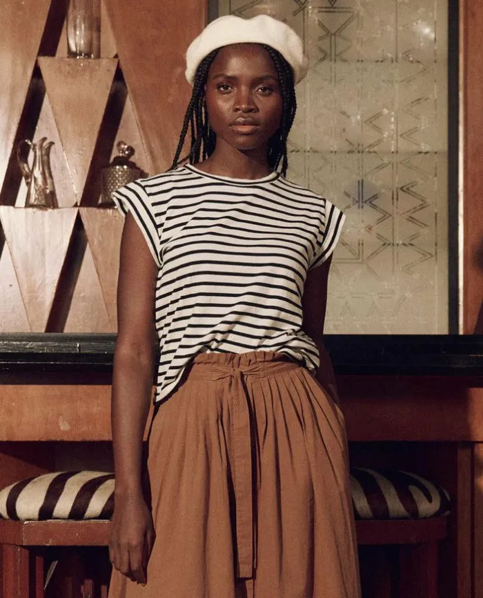 CollectionTees and Sweats The Great The Peak Shoulder Tee Black And Cream Gondola Stripe CollectionTees and Sweats The Great The Peak Shoulder Tee Black And Cream Gondola Stripe