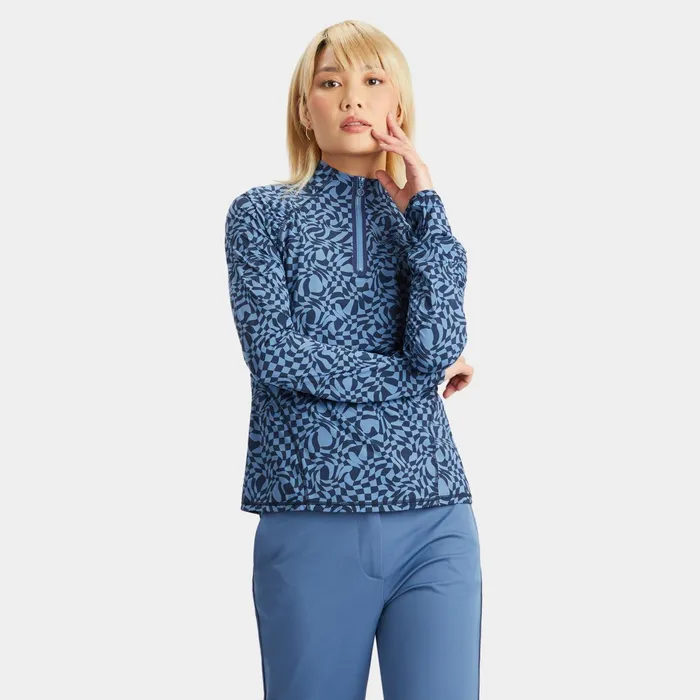 Distorted Check Silky Tech Nylon Ruched Quarter Zip Pullover Twilight Women GFORE Mid Layers