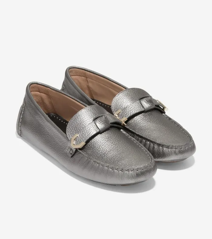Flats and SlipOns Women Cole Haan Evelyn Bow Driver Pewter Metallic