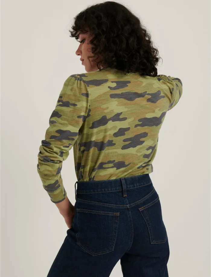 Graphic Tees Women Lucky Brand Camo Puff Sleeve Tee Green Multi