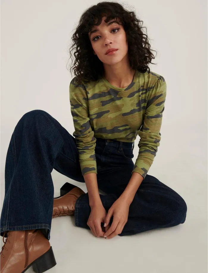 Graphic Tees Women Lucky Brand Camo Puff Sleeve Tee Green Multi