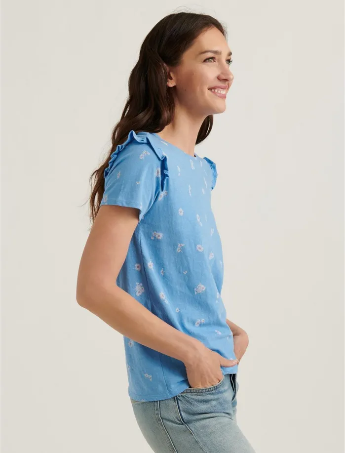 Graphic Tees Women Lucky Brand Essential Floral Ruffle Crew Tee Blue Multi