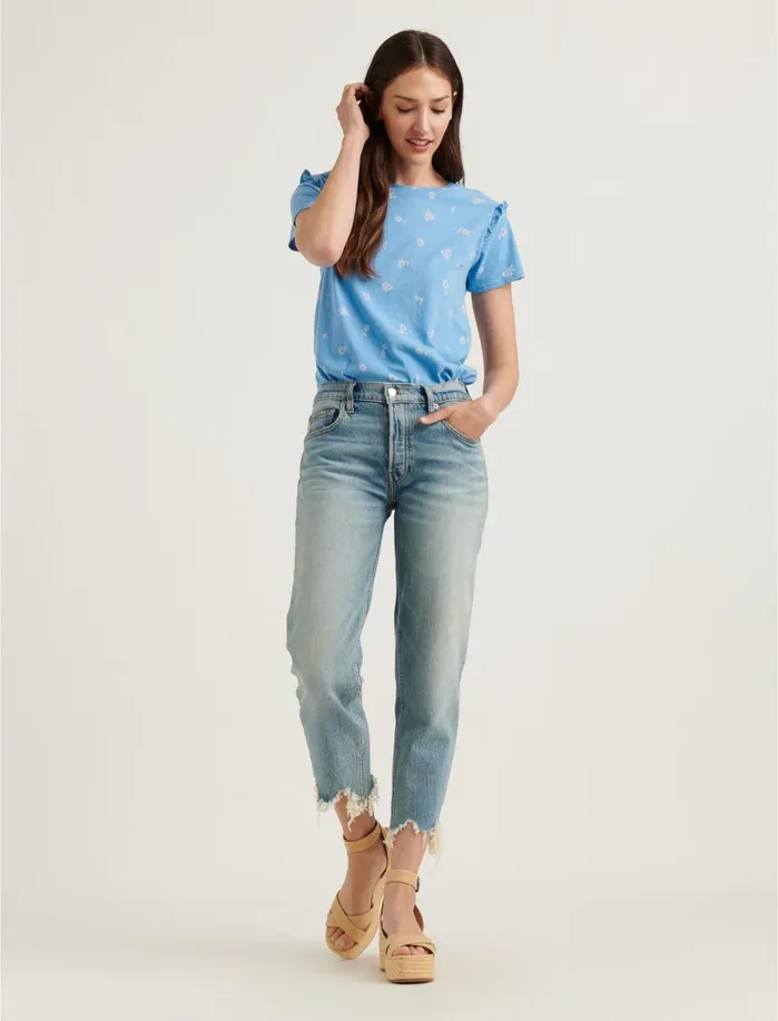 Graphic Tees Women Lucky Brand Essential Floral Ruffle Crew Tee Blue Multi