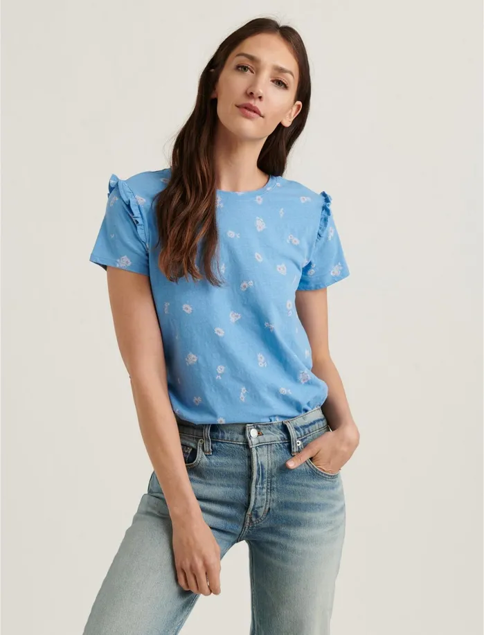Graphic Tees Women Lucky Brand Essential Floral Ruffle Crew Tee Blue Multi