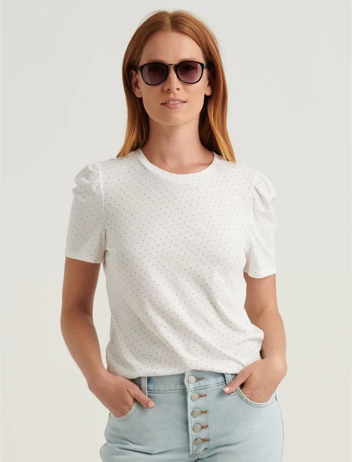 Graphic Tees Women Lucky Brand Essential Printed Puff Sleeve Tee White Multi