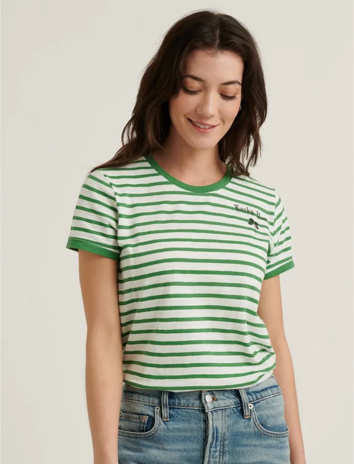 Graphic Tees Women Lucky Brand Lucky You Striped Short Sleeve Tee Green Multi