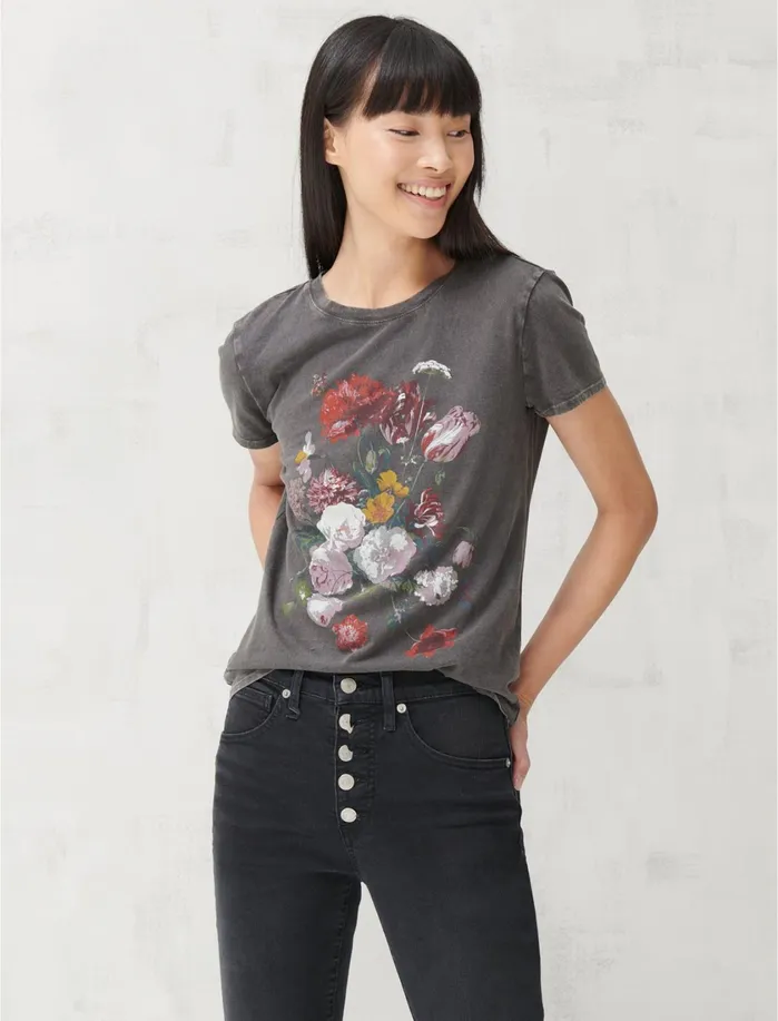 Graphic Tees Women Lucky Brand Multi Flowers Jet Black