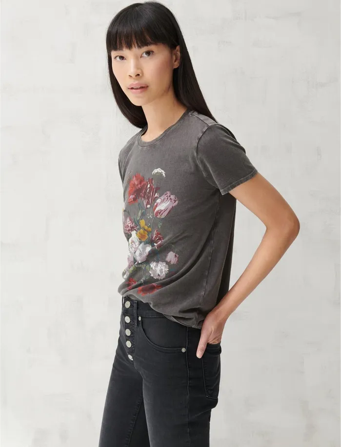 Graphic Tees Women Lucky Brand Multi Flowers Jet Black