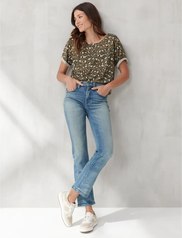 Graphic Tees Women Lucky Brand PRINTED ROLLED SLEEVE TEE Leopard Camo