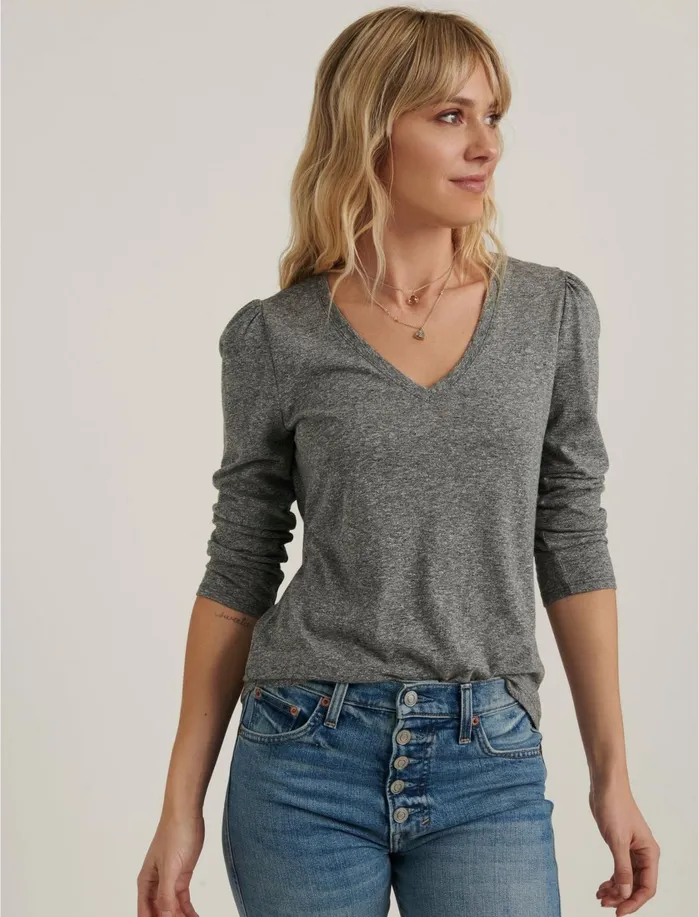 Graphic Tees Women Lucky Brand Puff Sleeve VNeck Tee Heather Grey
