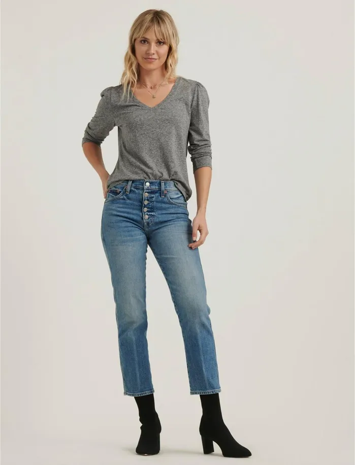 Graphic Tees Women Lucky Brand Puff Sleeve VNeck Tee Heather Grey