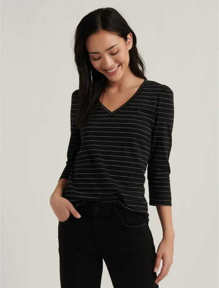 Graphic Tees Women Lucky Brand Stripe Puff Sleeve VNeck Tee Black White Stripe