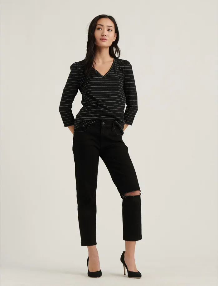 Graphic Tees Women Lucky Brand Stripe Puff Sleeve VNeck Tee Black White Stripe