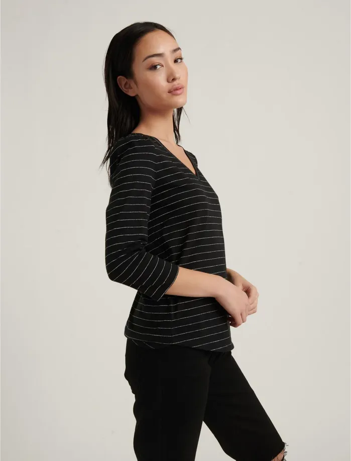Graphic Tees Women Lucky Brand Stripe Puff Sleeve VNeck Tee Black White Stripe