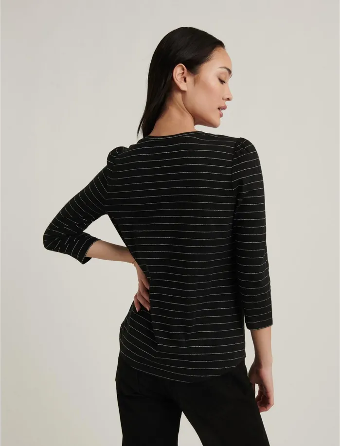 Graphic Tees Women Lucky Brand Stripe Puff Sleeve VNeck Tee Black White Stripe