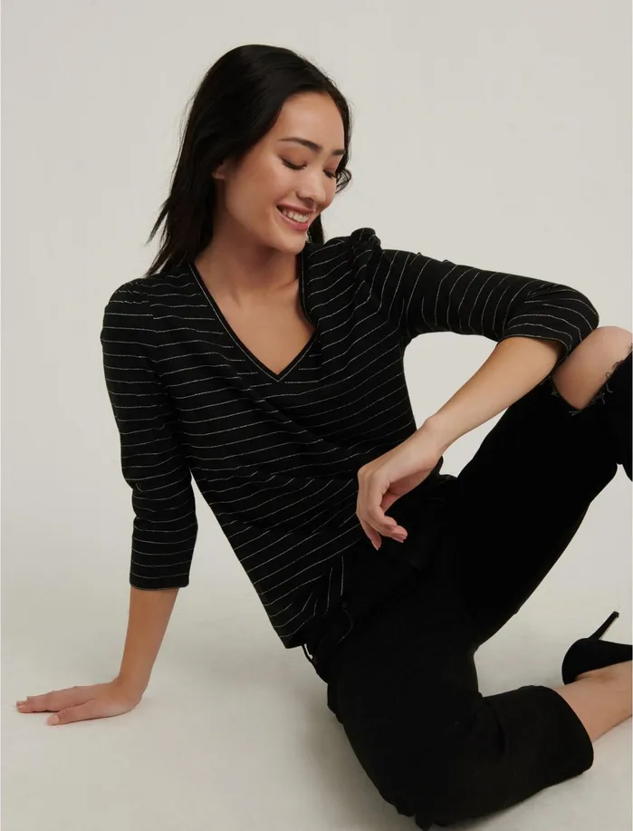 Graphic Tees Women Lucky Brand Stripe Puff Sleeve VNeck Tee Black White Stripe
