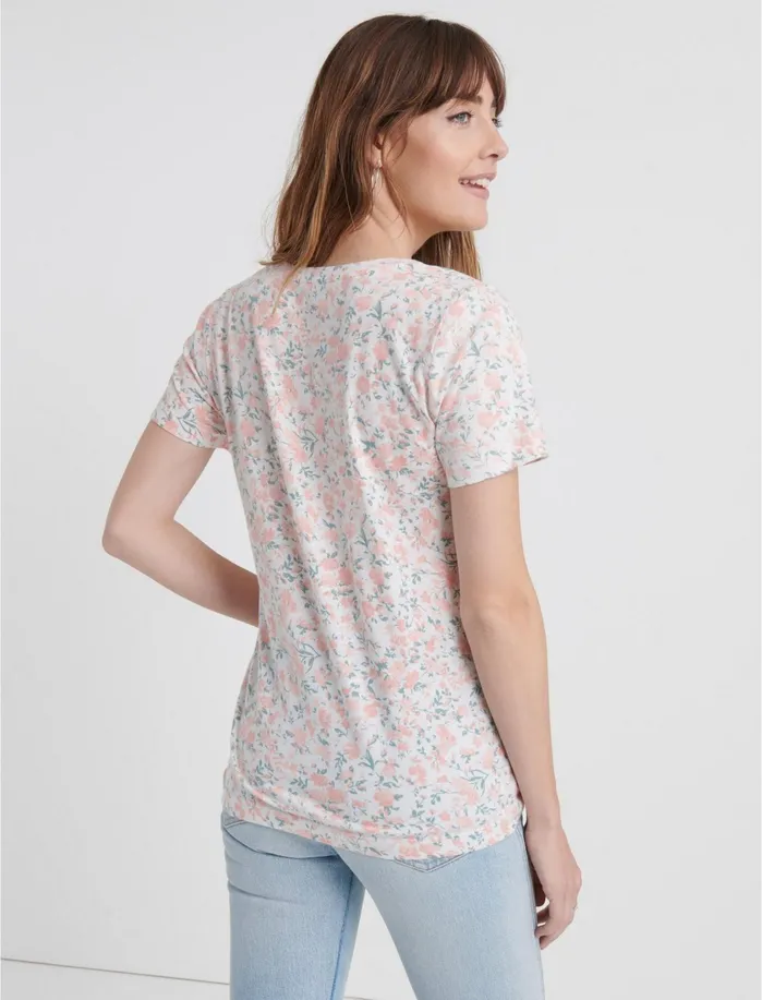 Graphic Tees Women Lucky Brand VNeck Floral Tee Coral Multi