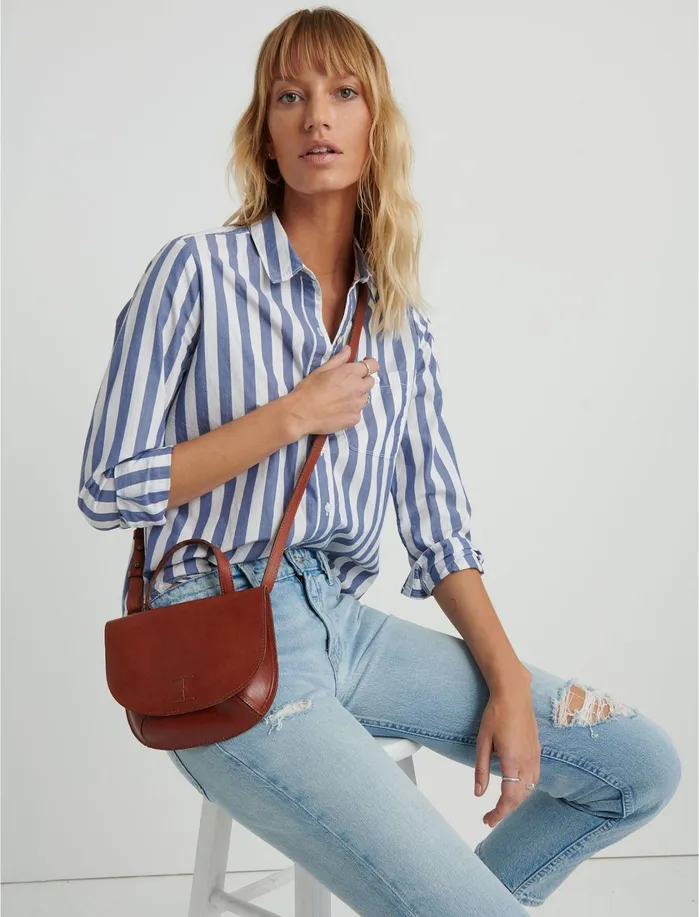 Handbags Women Lucky Brand Point Leather Double Pocket Crossbody Bag Cognac