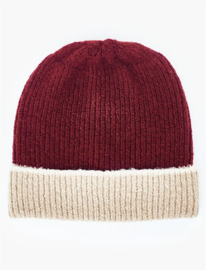 Hats Women Lucky Brand Colorblocked Beanie Hat Burgundy Multi