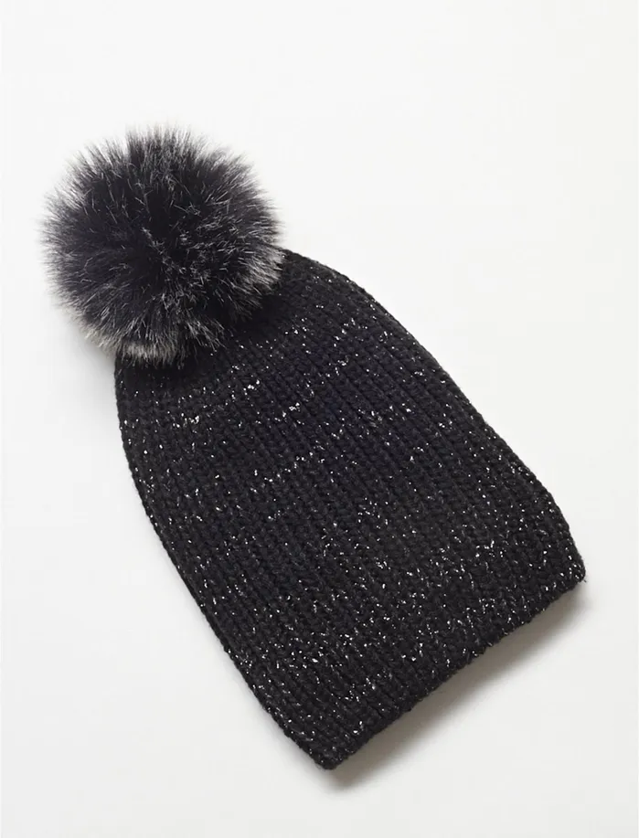 Hats Women Lucky Brand Metallic Pom Pom Beanie Black