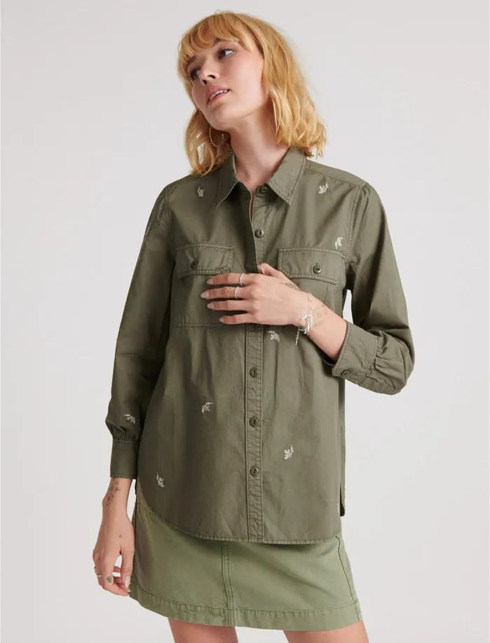 Jackets and Outerwear Women Lucky Brand Embroidered Utility Shirt Jacket Washed Olive