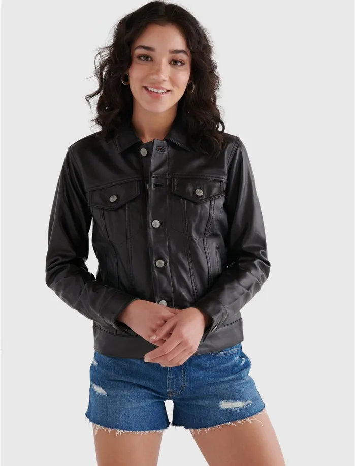 Jackets and Outerwear Women Lucky Brand Leather Trucker Jacket Lucky Black