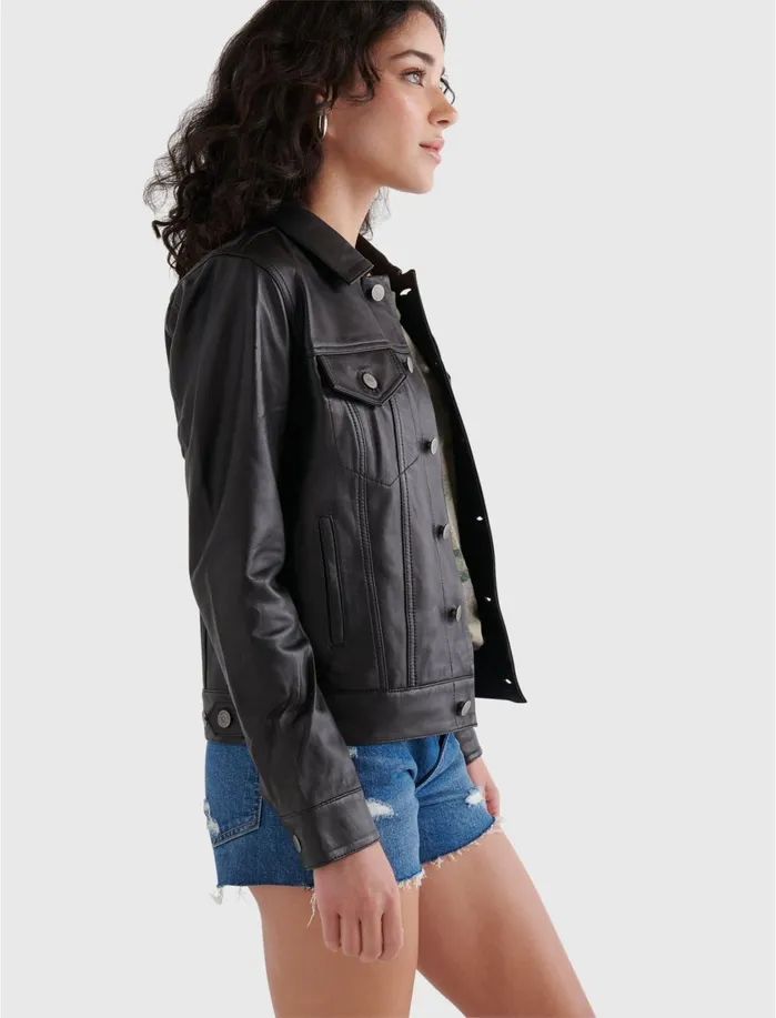 Jackets and Outerwear Women Lucky Brand Leather Trucker Jacket Lucky Black