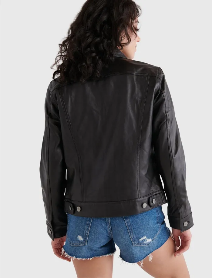 Jackets and Outerwear Women Lucky Brand Leather Trucker Jacket Lucky Black