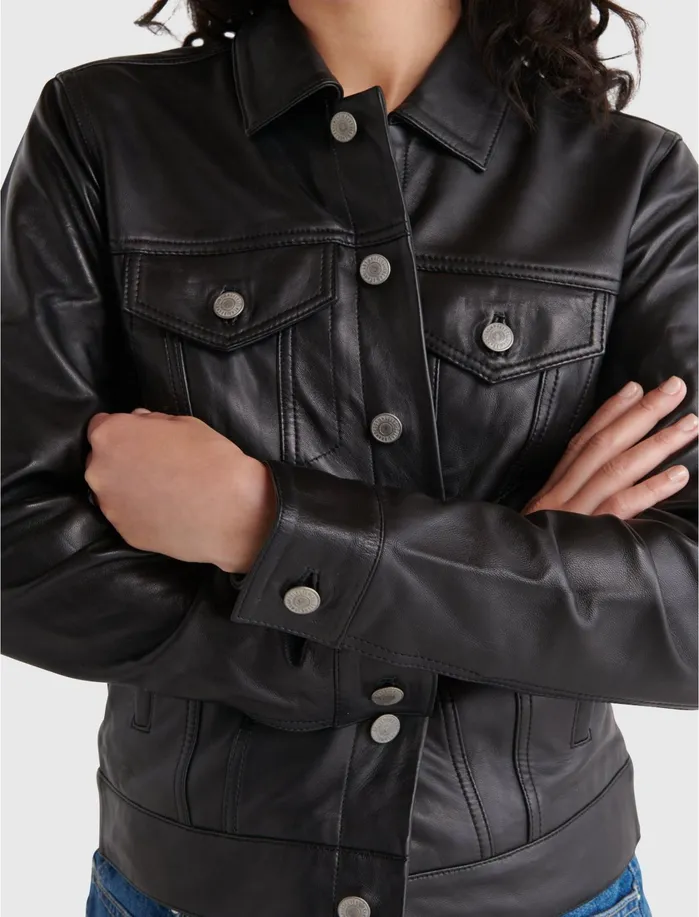 Jackets and Outerwear Women Lucky Brand Leather Trucker Jacket Lucky Black
