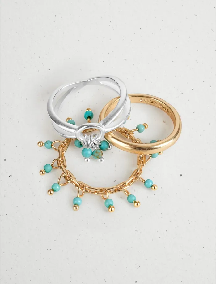 Jewelry Women Lucky Brand Turquoise Opal Ring Stack Two Tone
