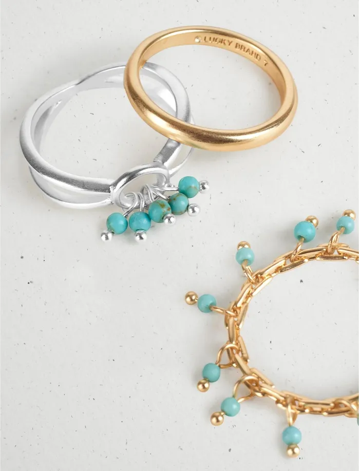 Jewelry Women Lucky Brand Turquoise Opal Ring Stack Two Tone