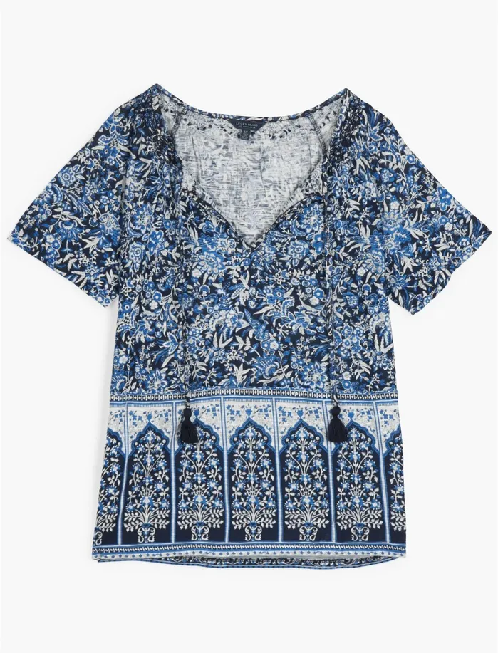 Knit Tops Women Lucky Brand Border Printed Peasant Top Navy Multi