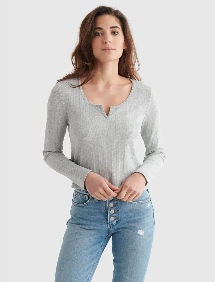 Knit Tops Women Lucky Brand Long Sleeve Slim Notch Neck Tee Medium Heather Gray