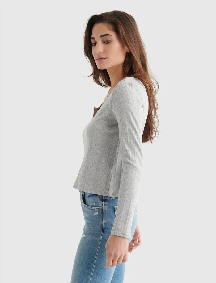 Knit Tops Women Lucky Brand Long Sleeve Slim Notch Neck Tee Medium Heather Gray
