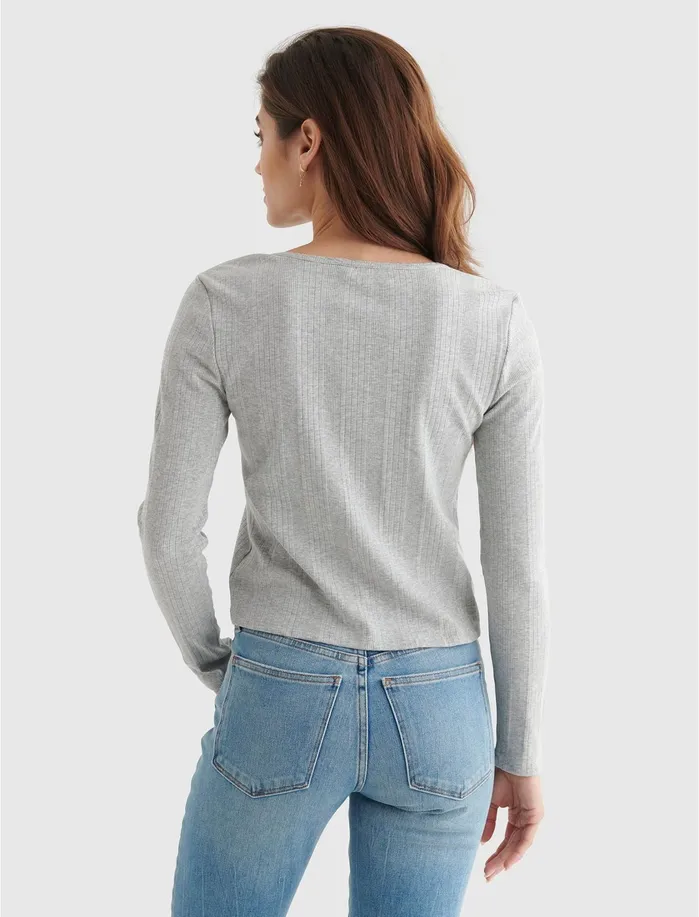 Knit Tops Women Lucky Brand Long Sleeve Slim Notch Neck Tee Medium Heather Gray