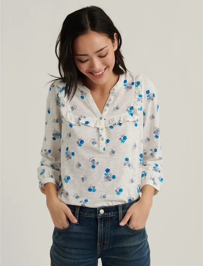 Knit Tops Women Lucky Brand Ruffle Bib Henley Cream Multi