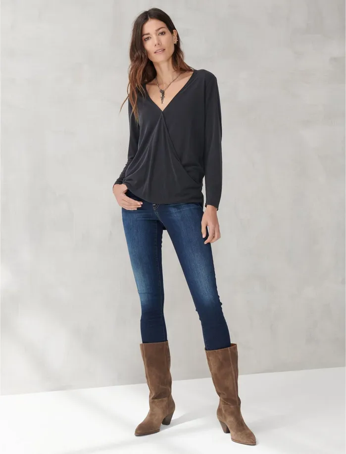 Knit Tops Women Lucky Brand SANDWASH SURPLICE TOP Lucky Black