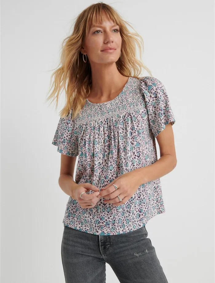 Knit Tops Women Lucky Brand Smocked Short Sleeve Top Multi